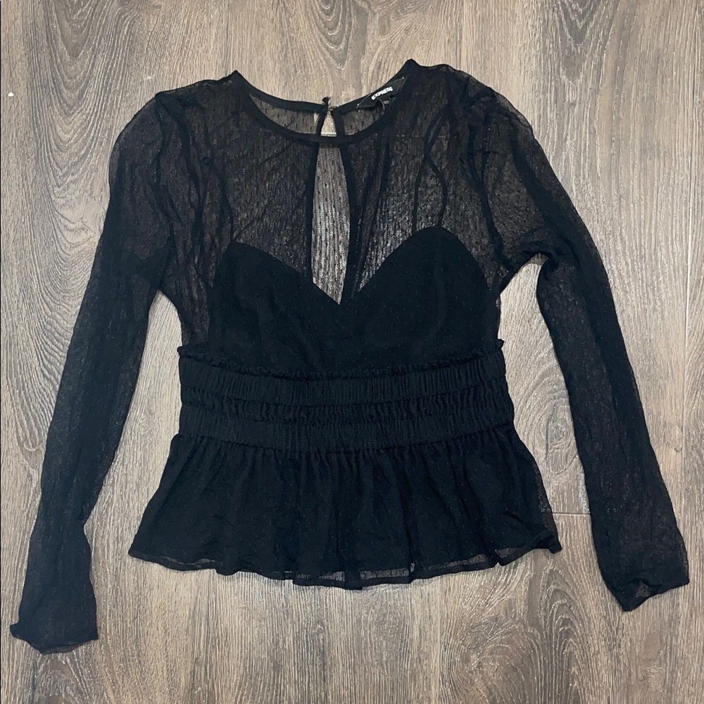 EXPRESSSheer Long-Sleeve Peplum Top - Black